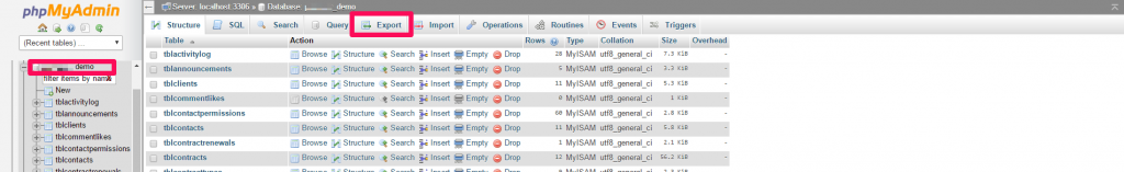 phpMyAdmin export database