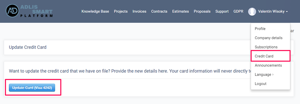 Adlis ERP-CRM Dev. Update Stripe Card Token